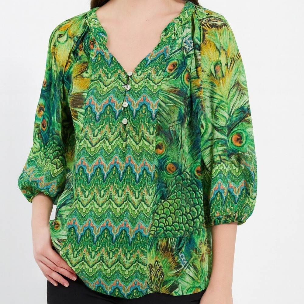 Figueroa Flower Blouse Small Peacock Print Bohemian Button Up Green Top